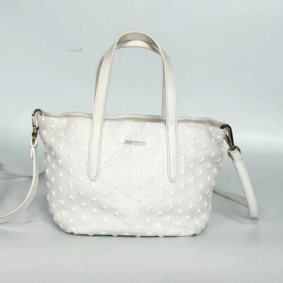 JIMMY CHOO Mini 2way Tote Shoulder Bag White Leather Studs with Strap - Image 2 of 4
