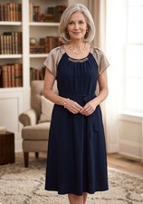 Size 8 Simply Vera Wang Navy Blue Dress with Tan Satin Sleeves