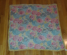 Elaine Gold Blue Pink Yellow Floral 100 Silk Square Scarf 30" Japan