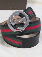 Classic Gucci TriColor Stripe Belt Silver GG Authentic Size 32-34 95cm