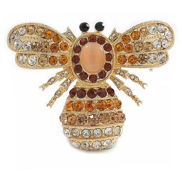 Stunning Large Swarovski Crystal 'Bumblebee' Brooch In Gold Plating (Clear/