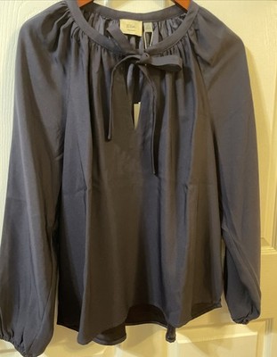 NWT Elie. Elie Tahari Size L Navy Blue Viscose Long Sleeve Bow Tie Sash Blouse