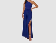 Adrianna Papell Women's Blue One-Shoulder Chiffon Gown Dress Size 16