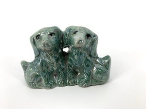 Vintage Cocker Spaniel Pair Green Figurine (1 3/4" Tall) Lusterware Japan 