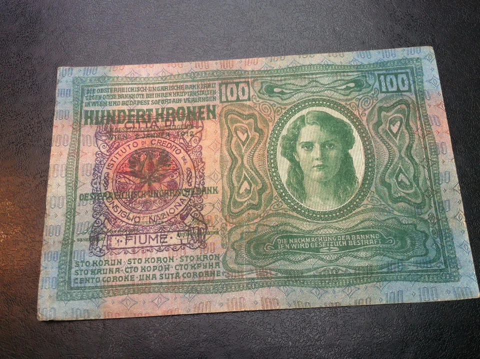 Austria -Croacia 100 CORONAS 1912 - 2 X sello CITTA DI FIUME Consiglio Nazionale  Foto 3 de 4