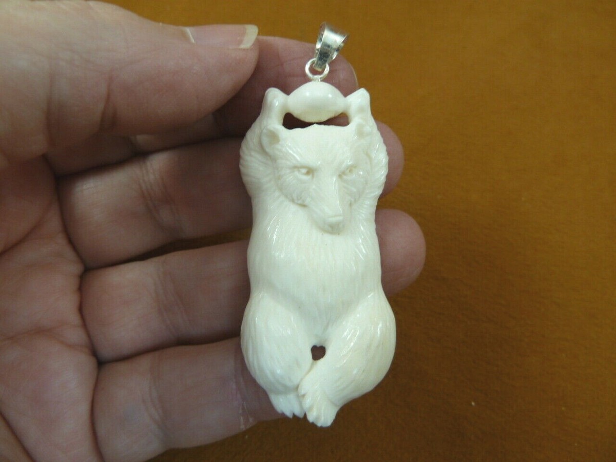 j-bear-121) white Polar Bear holding on ball PENDANT water buffalo