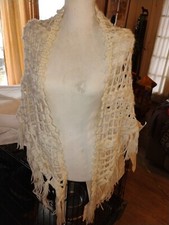 Ladies Handmade Loose Knot Fringed Ivory Cape Wrap In Great Shape 35" Longest Po