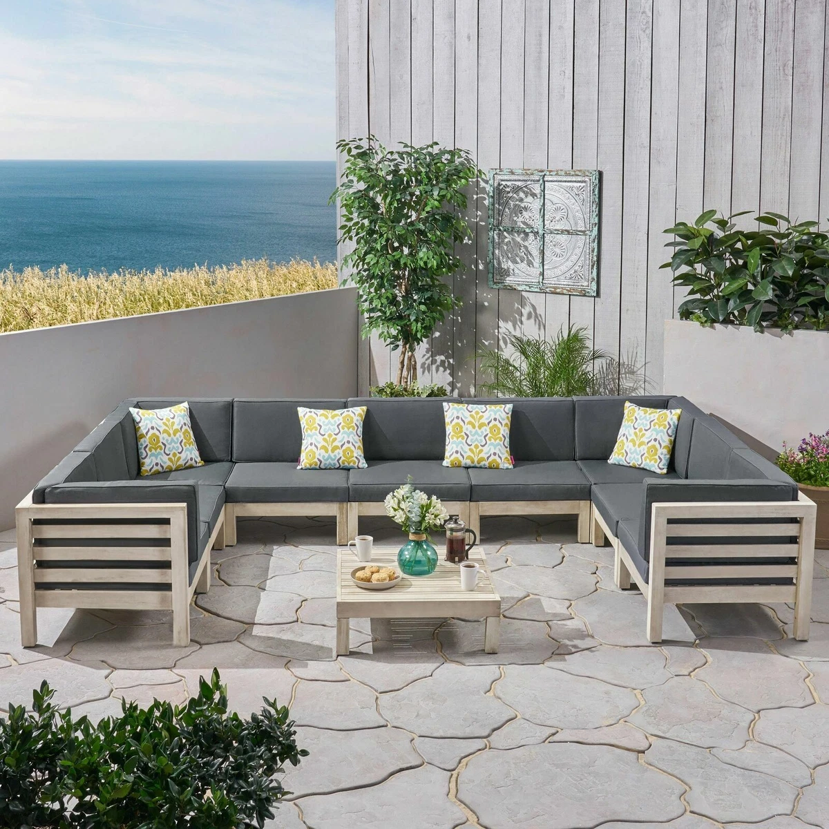 Ravello Outdoor 9 Seater Acacia Wood Sectional Sofa Set Weathered