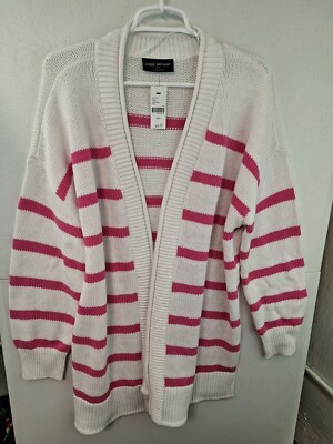 Lane Bryant sz 14/16 Pink/White Stripe Open Front Cardigan Sweater NWT 