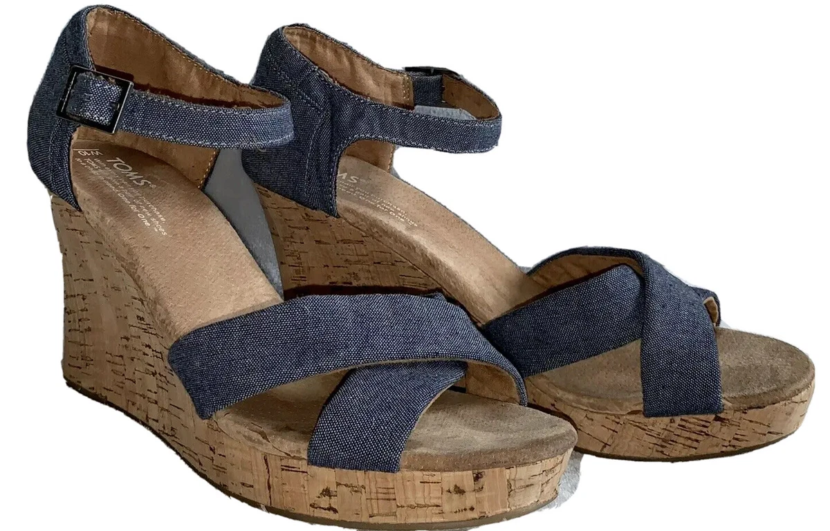 TOMS Sienna Wedge Cork Look Chambray Blue Strappy Heel Womens W10