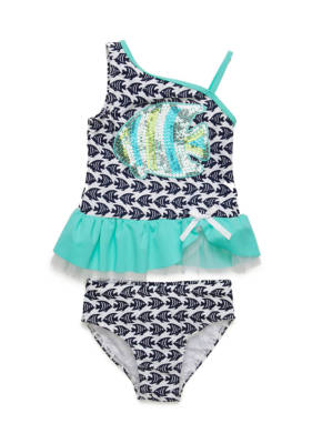 FLAPDOODLES Little Girl 4, 5 Sequin Fish Geo 2-Piece Tankini Swim Set NWT