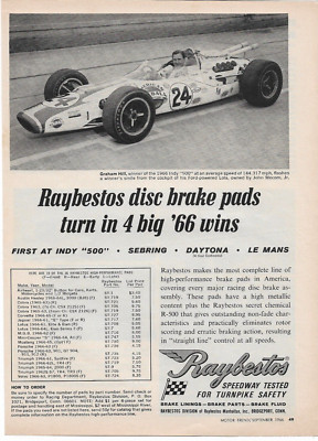 Raybestos Disc Brakes Indy 500 Sebring Daytona Le Mans Vtg 1966 Print Ad