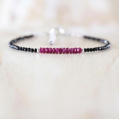 Natural Black spinel & ruby Beads Bracelet In 925 Silver Clasp 7''  b-135