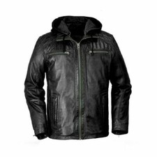 Mens Hooded Leather Jacket 100 Genuine Lambskin Leather Biker Black Hoodie Coat