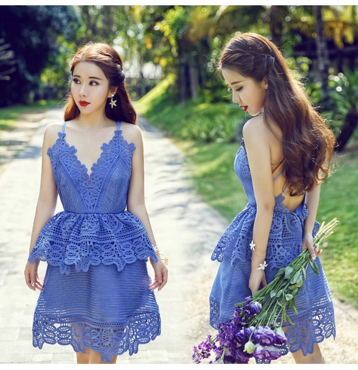 NWT SELF PORTRAIT Cornflower Blue Lace Peplum Dress eBay