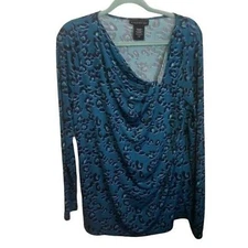 Attention Womens Sz L Blue Black Geometric Long Sleeve Blouse