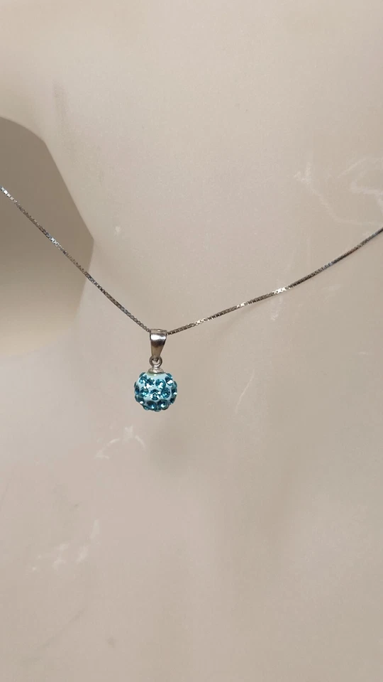 Collana Donna Argento 925 Ciondolo Sfera Strass Azzurro Punto Luce - Immagine 3 di 4