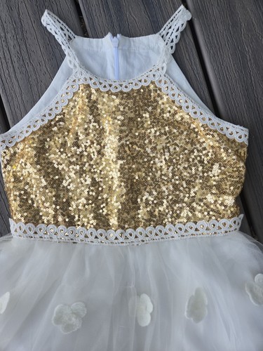 Sunny Fashion Girls Dress Butterfly Embroidered Gold Sequin Dress Party Sz 8 - Picture 2 of 7