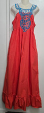 eShakti Long Maxi Fit & Flare Dress Cotton Pinkish Orange w/Blue Lace Size 14/ L