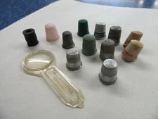 Vintage Lot of 11 Thimbles, 1 Thread Spool 1 Advertising Magnifying Glass*