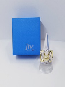 Authentic JTV 925 Golden Cultured South Sea Pearl White Zircon 18k Gold Plated Ring sz 8