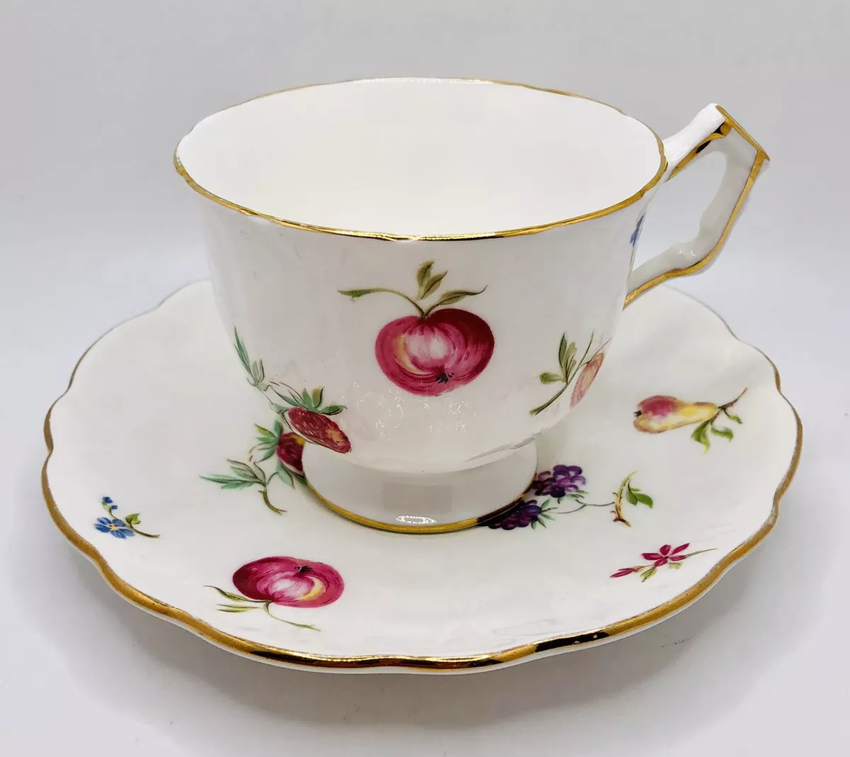 AYNSLEY FLORIDA CUP & SAUCER SET CROCUS SHAPE Fruit Berries Teacup Vintage