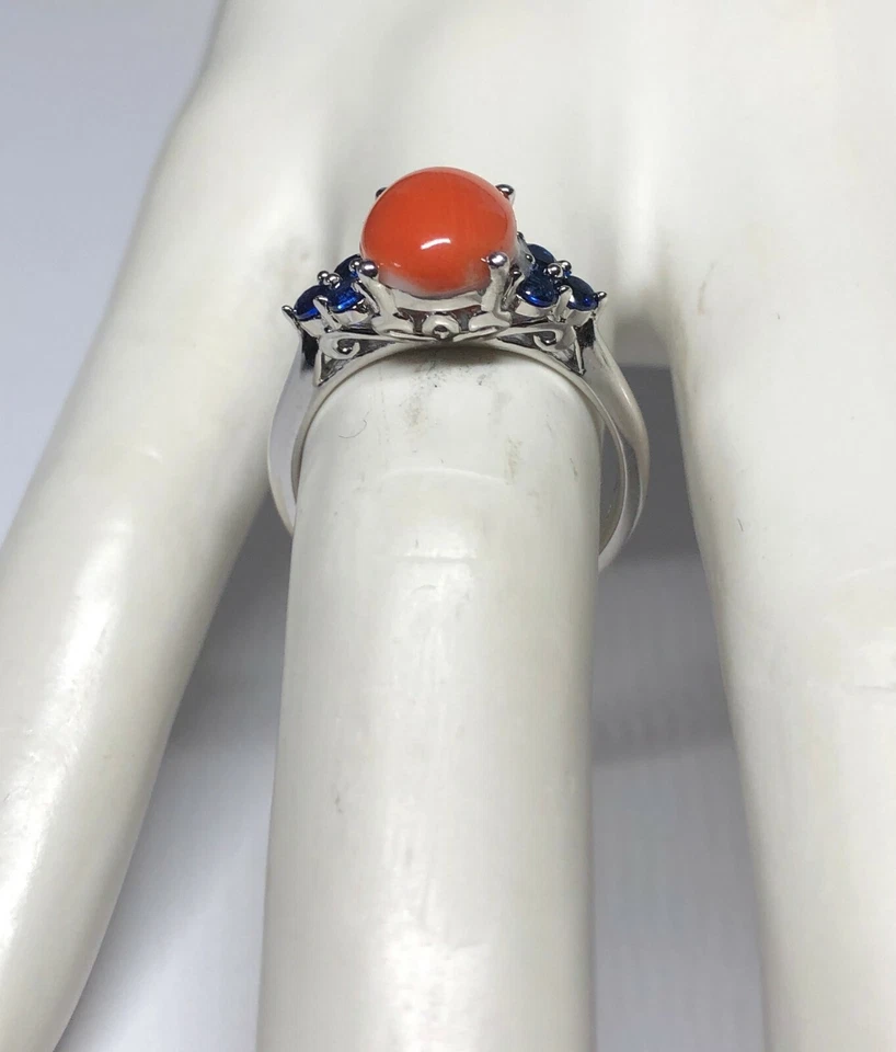 Anillo de plata esterlina genuino de coral rosa y zafiros azules creados en laboratorio para dama Foto 4 de 4