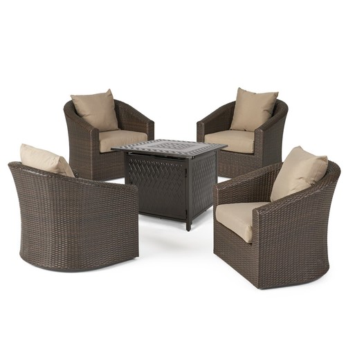 Dillard Outdoor 4 Seater Wicker Swivel Chair and Fire Pit Set - Picture 5 of 20