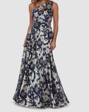 Betsy  Adam Women's Blue Floral One-Shoulder Foil Gown Dress Sz 2