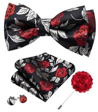 Mens Bow Tie Set Paisley Coloful Pre-tied Bowties Adjustable Black Red Flowers