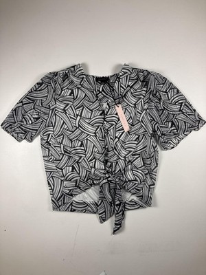Tamara H Shirt Womens Small Black White Abstract Tie Front Button Short Sleeve