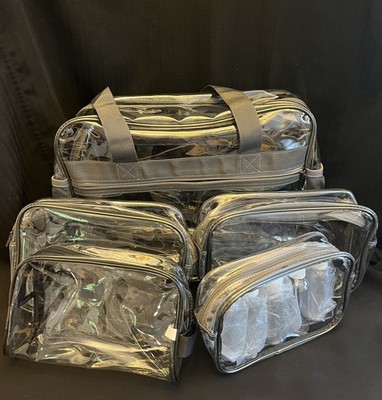 Set-5 Clear PVC zipper Tote, Toiletry & Makeup bags. Airport/Stadium/Security. 