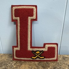 Vintage Letterman Chenille Patch Letter “L” Red/Grey With Yellow Hockey?