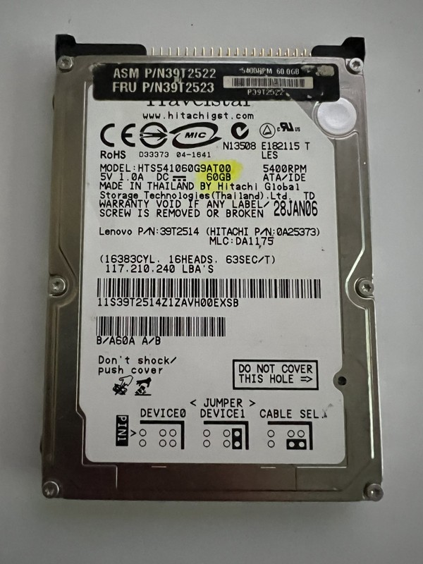 Travestar Lenovo P/N 39T2514 60GB IDE 2.5 Inch Laptop HDD Model: HTS54106G9AT00