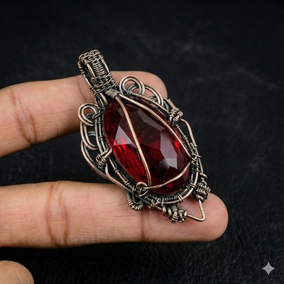 Handcrafted Oxidized Copper Wire Wrap Pendant Big Red Stone Gift For Her