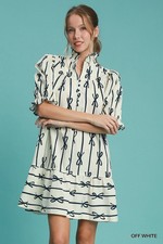 Umgee Off White Bow Print High Ruffle Neck Short Puff Sleeves Mini Dress