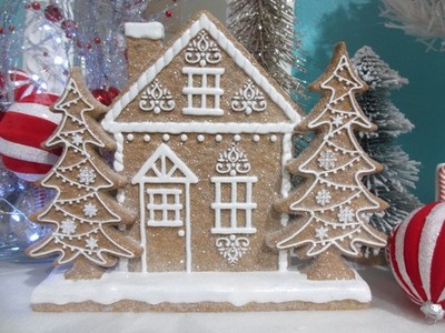 Gingerbread House Cottage Mantle Ornament Christmas Winter ''Frosty'' Glitzy Table