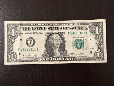 FANCY RARE Serial $1 #F16111611E Binary & Repeater Clean Serial Number Note