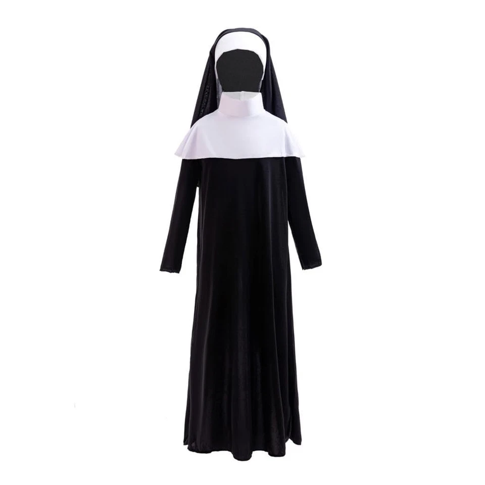 Vestido Monja Disfraz Halloween Traje Bata Negra con Cuello Blanco y Tocado... Foto 3 de 4