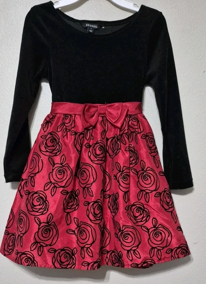 George Girls Black Velour Red Satin Rose Sleeve Flocked Christmas Dress Size 8 - Image 3 of 4