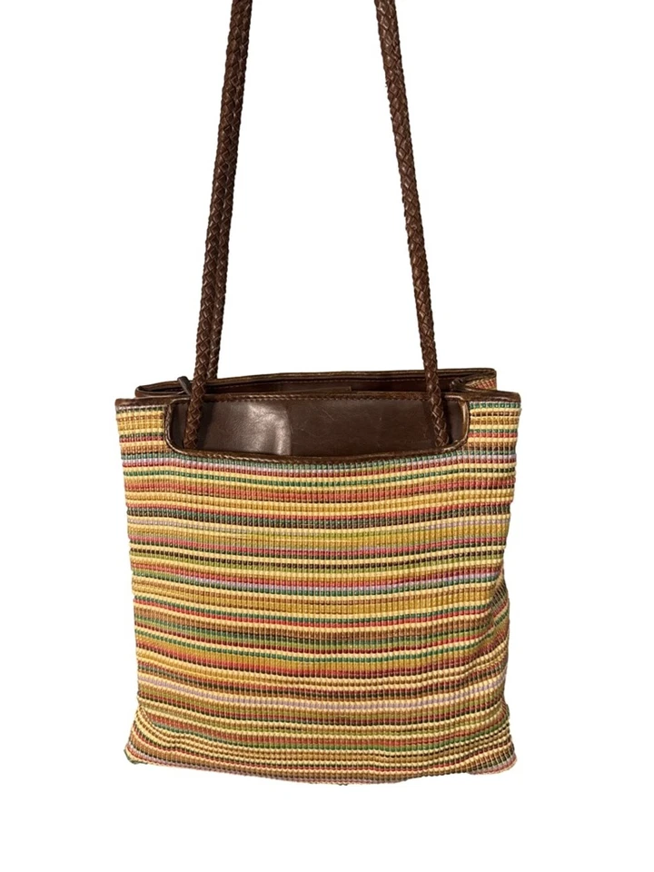 Bolso de Hombro Reliquia Multicolor Tela Tejida a Rayas Marrón Imitación Cuero Borde Foto 2 de 4