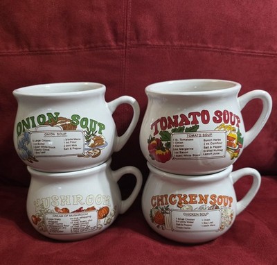 Vintage 1970s Ceramic Soup Recipe Mugs  4 (Chicken, Onion, Tomato & Mushroom) 