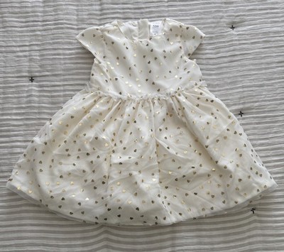 Carters Baby Girl 12 Months Short Sleeve Party Dress Cream With Gold Hearts