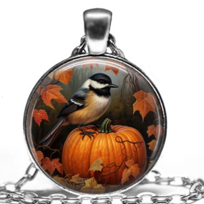 Chickadee Bird Fall Colors Pendant Necklace 24'' Autumn Seasonal Jewelry Gift