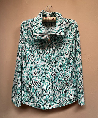 Laura Ashley Womens Zip-Up Jacket Size M Green White Geometric