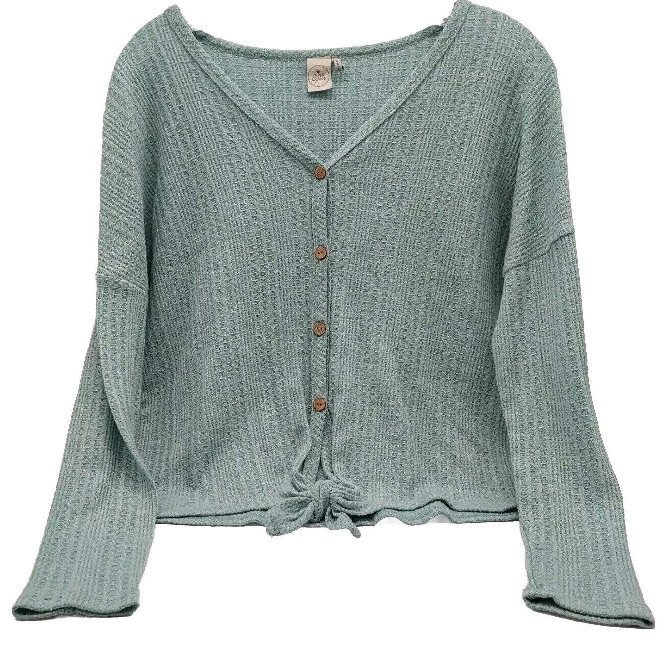 Green V-Neck Paper Crane Button Cardigan Knit Sweater Size Small