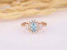 5Ct Oval Simulated Aquamarine/CZ Holo Engagement Band Ring 14k Rose Gold Plated