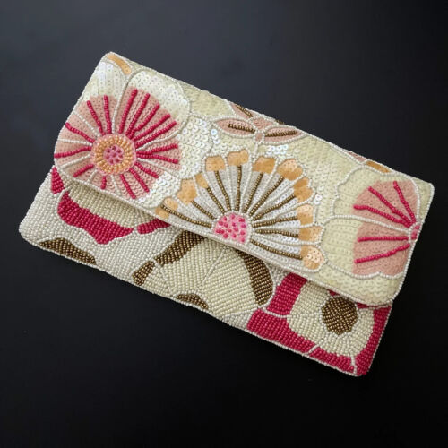 Handmade Beaded clutch bag, floral pink and white, party bag with string, Gift - Foto 1 di 5