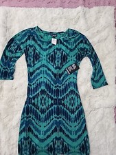 NWT EXPRESS Sz S Blue & Green Tie-Dye Bodycon Sheath Tunic Dress 3/4 Sleeve 