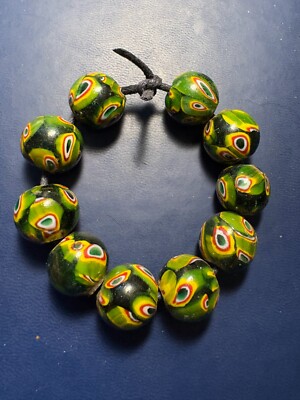 10 Millefiori glass beads - (B1003) Handmade Indian Rare green snake 13mm